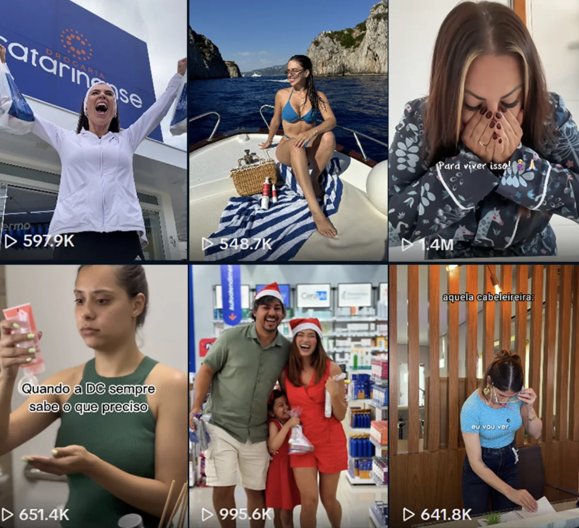 Grade de vídeos TikTok da Drogaria Catarinense com creators e alto volume de visualizações