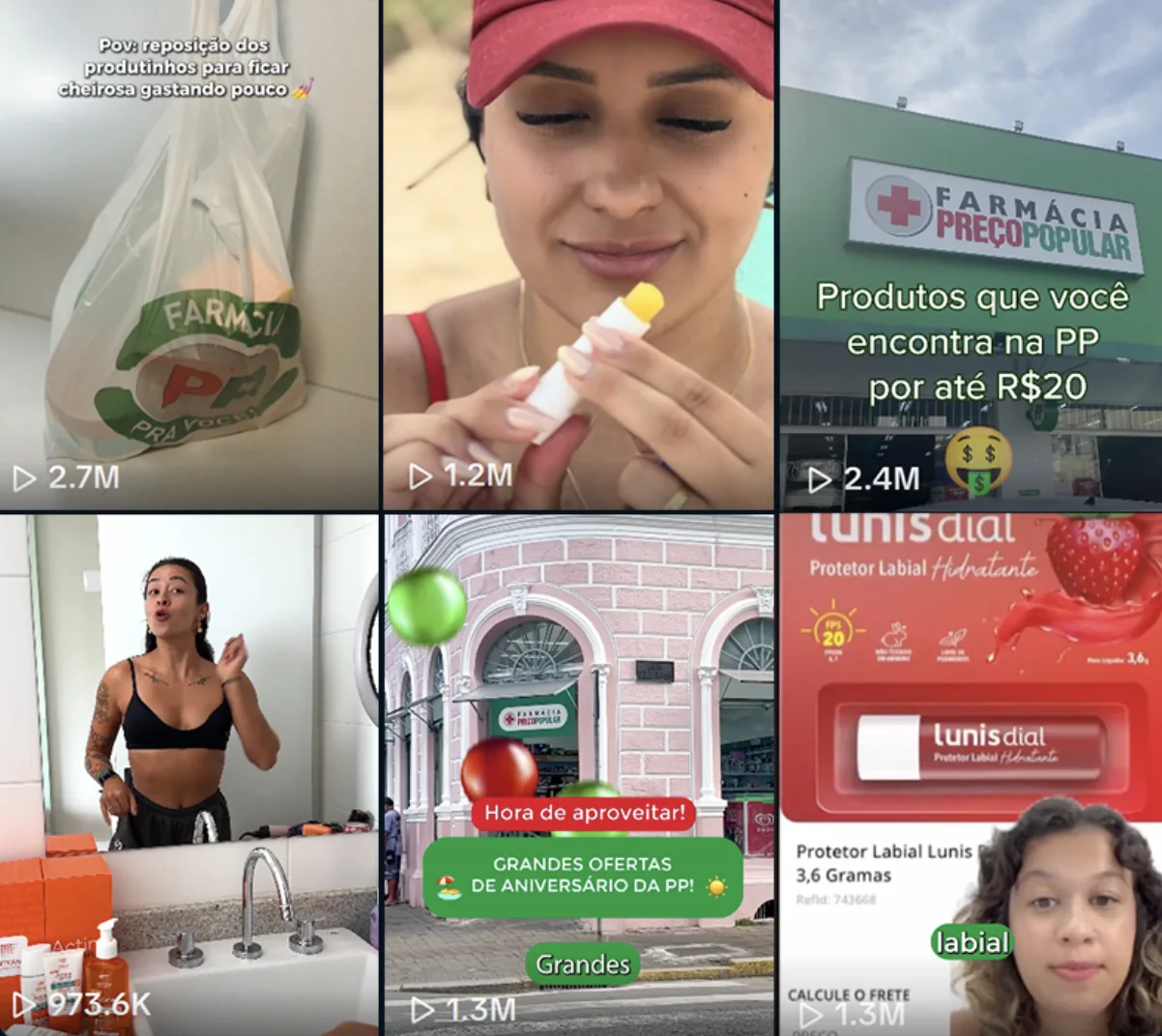 Grade de vídeos TikTok da Farmácia Preço Popular com produtos, creators e visualizações expressivas