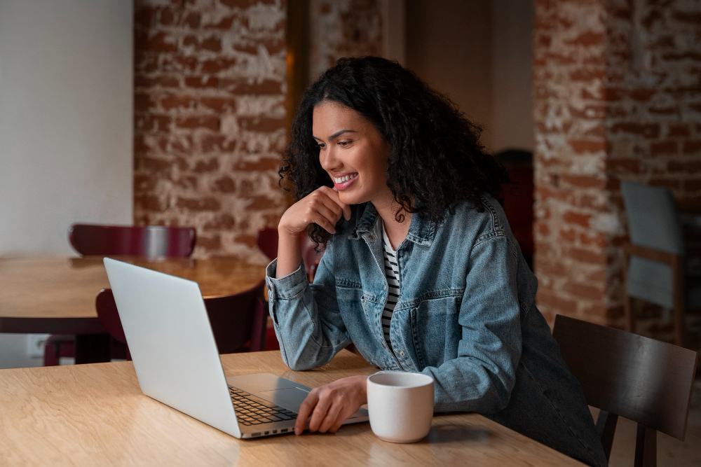 Mulher morena com cabelo cacheado e jaqueeta jeans olha para o computador sorrindo, com a mão no queixo