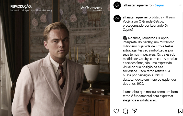 Print de um post da Guerreiro Alfaiataria no Instagram, com uma foto de Leonardo Di Caprio