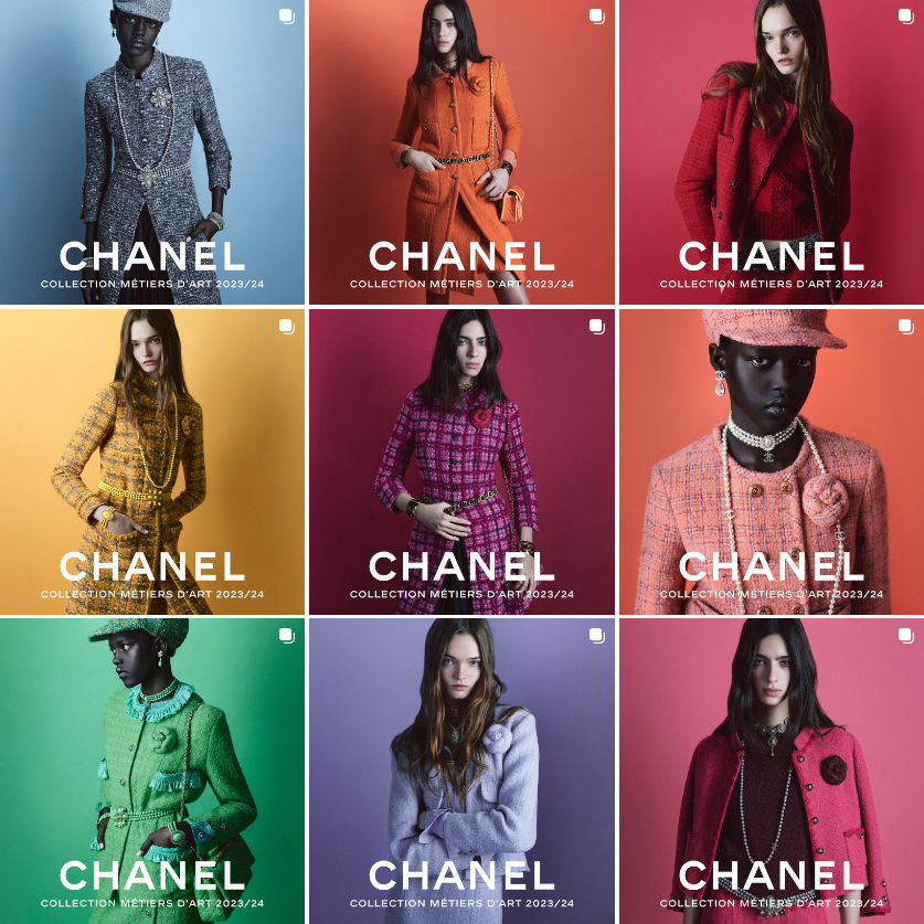 Captur de tela do feed de Instagram da marca Chanel, com 9 fotos de modelos em diferentes cores de roupas