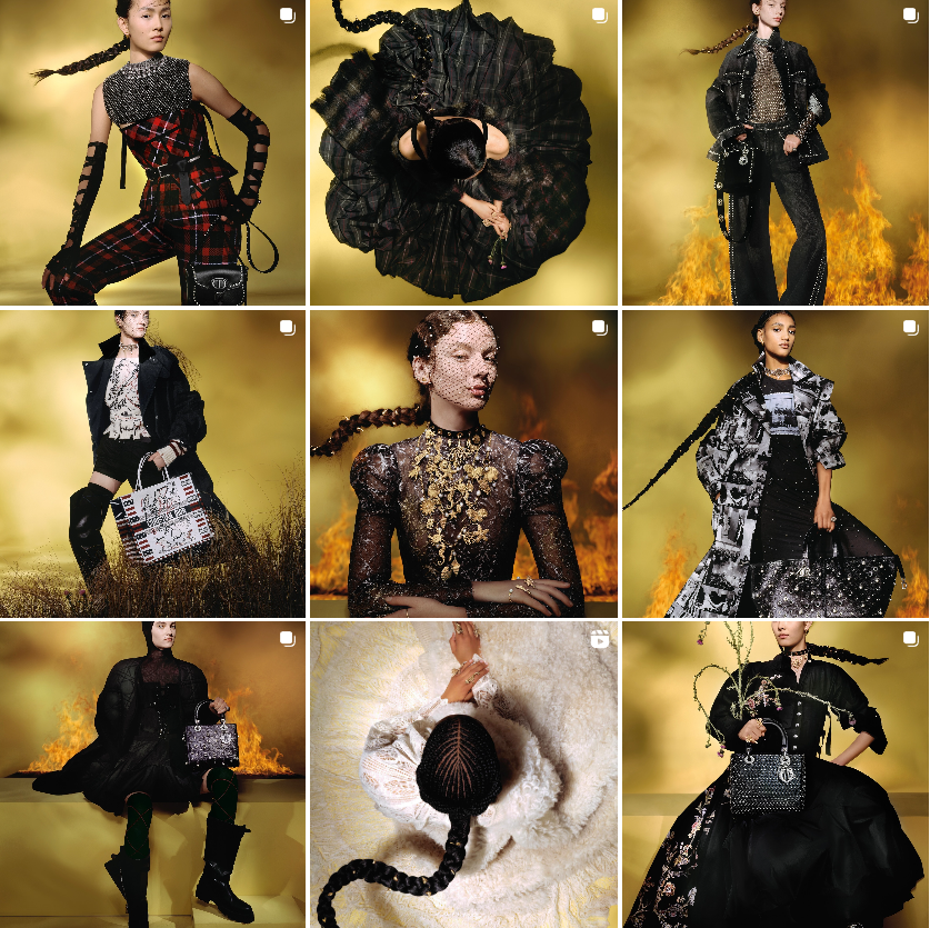 Print do feed da Dior no Instagram, com 9 fotos de modelos usando roupas pretas da marca, posando em fundos orgânicos na cor amarelo