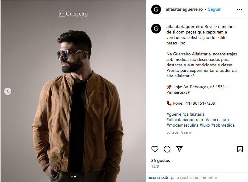 Captura de tela de uma postagem da Guerreiro Alfaiataria no Instagram, com a foto de um modelo branco posando com uma roupa da marca