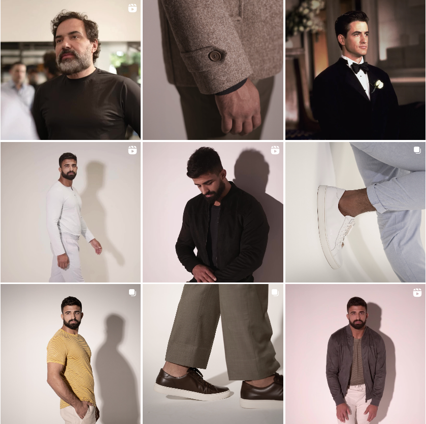 Print do feed da Guerreiro Alfaiataria no Instagram, com 9 fotos de ensaios com modelos masculinos usando peças da marca